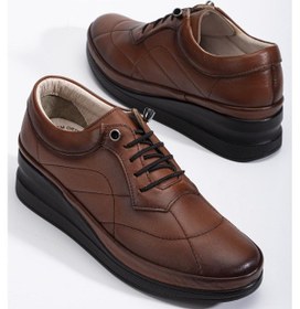 Resim Hakiki Deri Ortopedik Kadın Dolgu Topuklu Ayakkabı Taba Elastik Bağcıklı-3300 Taba 