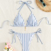 Resim Kadınların Şık Renk Bloklu Dokulu Bikini Takımı - V Yaka, Kalp Takı, Esnek Polyester ve Spandeks, Şeffetsiz Yüzme Giyisi, Yüksek Bel Bikini Takımı ile Bağcıklı Detaylar 