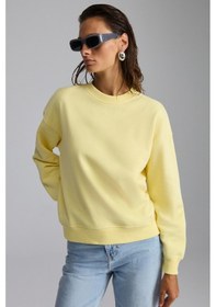 Resim Grimelange Vaneltına Kadın Içi Polarlı 3 Iplik Organik Pamuk Oversize Basic Bisiklet Yaka Sarı Sweatshirt 