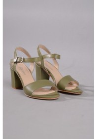 Resim Seç 0032 Hakiki Deri Tek Bant Sandalet Topuk Boyu 8,5cm Yeşil - 39 Yeşil 