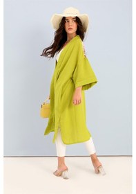 Resim Wpr Kimono Arkası Baskılı Püsküllü Keten - Açık Yeşil-açık Yeşil Açık Yeşil 
