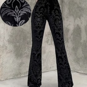 Resim Kadınlar İçin Yüksek Bel Siyah Çiçek Desenli Geniş Paça Pantolon - İlkbahar/Sonbahar Dar Kesim Vintage Şık Günlük Stil 