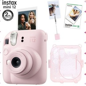 Resim Fujifilm Instax Mini 12 Fotoğraf Makinesi + 10'lu Film + Kıskaçlı Resim Standı + Simli Pleksi Kılıf Seti Pembe 