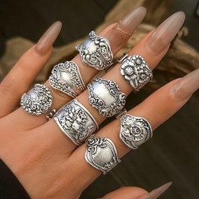 Resim 8 adet Vintage Elegant Oymalı Açık Halka Seti, Hip Hop Cowboy Ağır Metal Cool Charm Halkaları, Alaşım, Parti, Müzik Festivali, Tüm Mevsimler için. Kpop Tarzı Takı. 