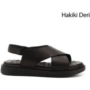 Resim Gönderi R Siyah Çapraz Bantlı Dolgu Taban Hakiki Deri Comfort Sandalet Siyah 