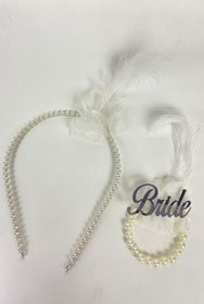 Resim Hayalperest boncuk Incili Gelin Tacı 1 Adet Bride Tüylü Bileklik 1 Adet 
