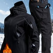 Resim Erkekler İçin Kışlık Sıcak Tutan Düz Renk İki Parça Takım, Çok Cepli Polar Astarlı Cargo Pantolon ve Rüzgar Geçirmez Kapüşonlu Mont Dağcılık Eğitimi için 