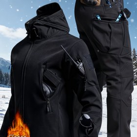 Resim Erkekler İçin Kışlık Sıcak Tutan Düz Renk İki Parça Takım, Çok Cepli Polar Astarlı Cargo Pantolon ve Rüzgar Geçirmez Kapüşonlu Mont Dağcılık Eğitimi için 