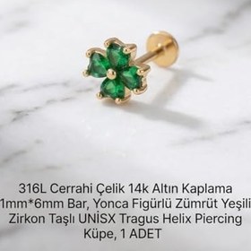 Resim 316L Cerrahi Çelik Altın Kaplama Tragus Helix Küpe Piercing Kararmaz Alerji Yapmaz Zirkon Taşlı Küpe Bar 8 mm Unisex Tekli Küpe Kadın Erkek Uyumlu Cartilage Kıkırdak Piercing 