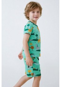 Resim Breeze Erkek Çocuk Şortlu Pijama Takımı Safari Temalı Sevmli Hayvancıklar Desenli 1.5-5 Yaş, Yeşil 
