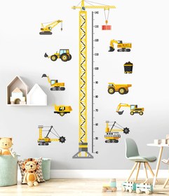 Resim Vinç ve Minik İş Makineleri Boy Ölçer Çocuk Odası Duvar Sticker - 114x33 cm / Karışık Renkli / İş Makineleri Temalı 