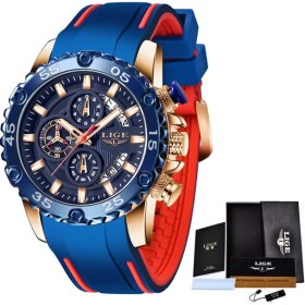 Resim Hanyang Gül Altın Mavi Saatler Erkek Lıge Üst Marka Su Geçirmez Saat Erkek Silikon Kayış Spor Quartz Saat Erkekler Için Büyük Arama Kronograf Kol Saati 2021 (Yurt Dışından) 