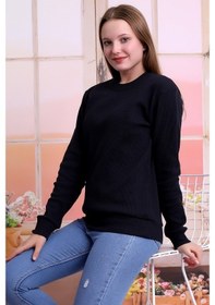 Resim Kadın Siyah Bisiklet Yaka Petek Kumaş Sweatshirt Slf1365 Siyah 