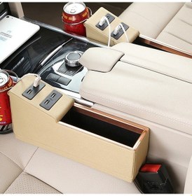 Resim Sürücü Taraflı Bej Deri Araba Sandalye Aralığı Depolama Kutusu, 4 Usb Şarj Portu Ve Bardak Tutucu İle Ek Depolama Alanı 