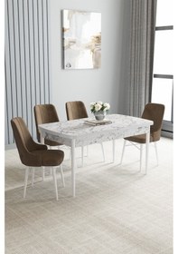 Resim Jusie Beyaz Mermer Desen 80x132 Açılabilir Yemek Odası Takımı 4 Adet Sandalye Kahverengi 