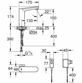 Resim Grohe Fotoselli Lavabo Bataryası Elektrikli Çift Su Giriş Krom 36325002 