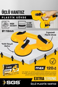 Resim Sgs SGS946 120 Kg Üçlü Vantuz Cam Granit Seramik Laminat Ahşap Ayna Taşıma Vantuzu 