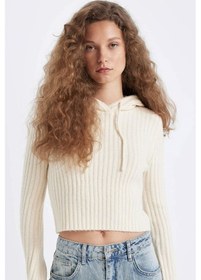 Resim DeFacto Regular Fit Basic Düz Kapüşonlu Crop Triko Kazak C7333AX24WNER103 Ekru 