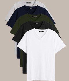 Resim mmetalic Erkek Çok Renkli T- Shirt Regular Fit Rahat Kesim V Yaka 5'li Basic Tişört Paketi 