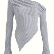 Resim Katı Ruched Asimetrik Boyun T-Shirt, İlkbahar ve Sonbahar İçin Rahat Hanky Etek Uzun Kollu Üst, Kadın Giyim 