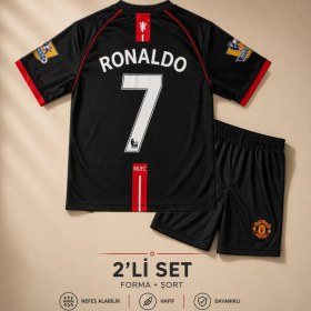 Resim Andream Manchester United Ronaldo 7 Çocuk Futbol Forması Forma Şort 2 Parça Siyah 