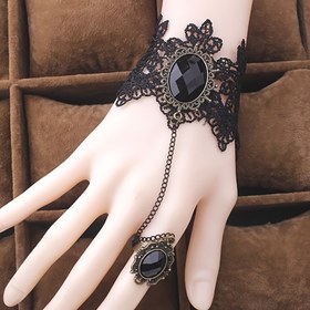 Resim Gothik Vintage Siyah Dantel Bileklik Kadınlar İçin - Ayarlanabilir Zincirli Çiçekli Taklit Taşlı Mücevher, Halloween Cosplay & Parti Aksesuarları, Yıl Boyu Şık Bayan Modası, İnce İşçilik, Detaylı Çiçek Deseni 