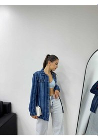 Resim Shevega Kadın Çizgili Mavi Işlemli Boyfriend Kot Ceket Mavi 