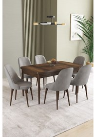 Resim Ikon Barok Desen 80x132 Mdf Açılabilir Yemek Masası Takımı 6 Adet Sandalye Gri 