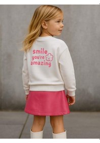 Resim Kız Çocuk Pamuklu Çiçek Desenli Sweatshirt-16337 Ekru 