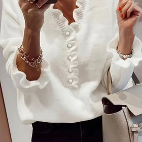 Resim Kadınlar İçin Şık Uzun Kollu Kazak - Yumuşak Esnek V-Yaka Süveter, Sonbahar/Kış Ofis ve Parti Kullanımı, Günlük Giyim - Görünmez Formal & Casual Üstler - Kadın Giysileri, Bayan Kazakları, Pürüzsüz Dokulu 