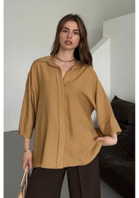 Resim Paw Garage Kadın Evelyn Vizon Oversize Gömlek, Keten Ayrobin Ön Patlı Gömlek Vizon 