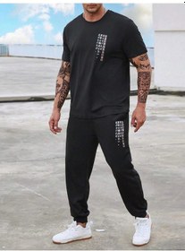 Resim Chinese T-shirt Eşofman Altı Jogger- Siyah Baskılı Alt Üst Eşofman Takım Oversize Bisiklet Yaka Siyah 