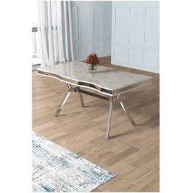 Resim Canisa Pem Serisi 90x160 Lak Panel Beyaz Mermer Desen Krom Ayak Masa Takımı 6 Gri Sandalye Beyaz Mermer Desen Masa Sandalyeler Gri 