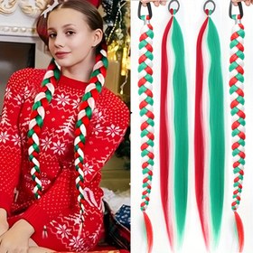 Resim 2 adet Bayramlık Ombre Jumbo Örgülü At Kuyruğu Uzantıları, 26 İnç Sentetik Yüksek Sıcaklık Lif Saç Elastik Bantlı Kadınlar & Kızlar İçin - Noel & Tatil Kutlamaları İçin İdeal, Saç Aksesuarları 