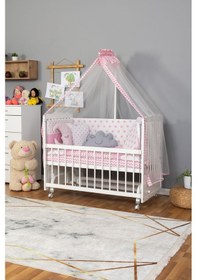 Resim Ahşap Beşik Anne Yanı Beşik Beyaz 60x120 - Pembe Yıldız 3 Yastık Uyku Seti + Yatak + Tekerlekli Beyaz 