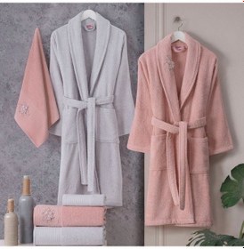 Resim Hobby Line %100 Saf Pamuk Aile Bornoz Seti-pembe Gri Pembe - Gri 