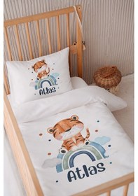 Resim %100 Pamuk Saten Isme Özel Isimli 100x150 Bebek Yatak Nevresim Seti Gökkuşağı Ve Küçük Kaplan 