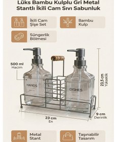 Resim Makri Home Lüks Bambu Kulplu Gri Metal Stantlı İkili Cam Sıvı Sabunluk 500 Ml, 23x9x23,5 Cm 