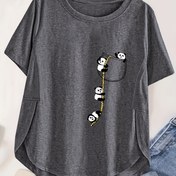 Resim Sevimli Hayvan Desenli Yuvarlak Yaka Tişört - Yumuşak ve Nefes Alabilen Polyester, Kısa Kollu, Makinede Yıkanabilir, Kolay Bakım, Bol Kesim, Gündelik Şık Tarz Kadın Giyim 
