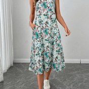 Resim Kadınlar için Cepli Şık Çiçek Desenli Kolsuz Midi Elbise - Hafif Polyester, Yuvarlak Yaka, Tunik Stili, Yaz için Mükemmel, Çiçek Desenli Elbise 
