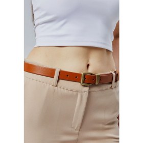 Resim Hakiki Deri Antik Sarı Tokalı Kadın Kemeri 2,5cm Taba 