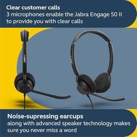 Resim Jabra Engage 50 II Kablolu Stereo Kulaklık Bağlantı Çağrısı Kontrolü, Gürültü Engelleyici 3 Mic Teknolojisi ve USB-A Kablosu - Zoom & Unify gibi Tüm Öncü Birleşik İletişim Platformlarıyla Çalışır - Siyah 
