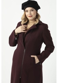 Resim 928 Mürdüm Ön Kol Fermuar Detaylı Büyük Beden Kaşe Kaban Mürdüm 