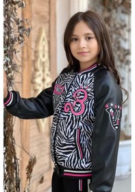 Resim Riccotarz Kız Çocuk V Cool Yazı Baskılı Sweatshirt Zebra Ve Pembe Şerit Detaylı Deri Eşofman Takım Pembe 