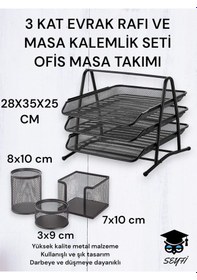 Resim 3 Kat Metal Evrak Rafı Ve 3 Lü Masa Kalemlik Seti Ofis Takımı Metal Perfore Siyah 