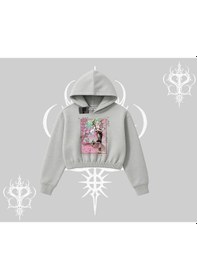 Resim Kapşonlu Crop Sweatshirt Anime Kawaii Japon Kız Desenli Gri 