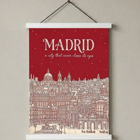 Resim Madrid Line Art Print - Cherry Red Royal Palace Plaza Mayor Skyline Wall Art - With Hanger - White / 12 x 16" (30x40 cm) 