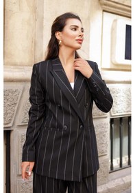 Resim 4 Düğmeli Kruvaze Geniş Çizgili Takım Siyah Siyah 
