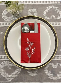 Resim Gümüş Yaldızlı Kırmızı Cepli Gelincik Çiçeği Peçete 12 Adet 