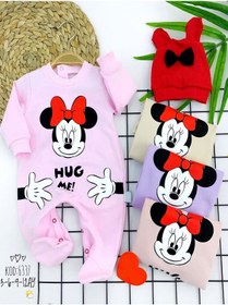 Resim 3-6-9-12 Ay Mickey Baskılı Kulaklı Şapka Uzun Kollu Kız Erkek Bebek Tulumu 001 